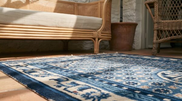 Antique white and blue color hand knotted wool pile allover chinese rug 7 Antique white and blue color hand knotted wool pile allover chinese rug (sku 22020) - in-room detail