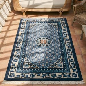 Antique White and Blue Color Hand Knotted Wool Pile Allover Chinese Rug (SKU 22020) - styled overhead view