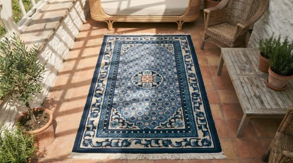 Antique white and blue color hand knotted wool pile allover chinese rug 2 Antique white and blue color hand knotted wool pile allover chinese rug (sku 22020) - styled overhead view