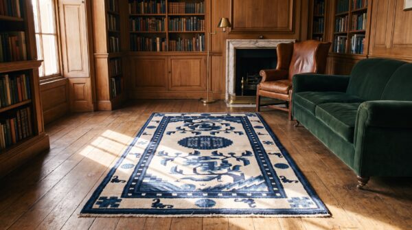 White and blue color antique chinese scatter size peking rug 5 White and blue color antique chinese scatter size peking rug (sku 22013) - room view