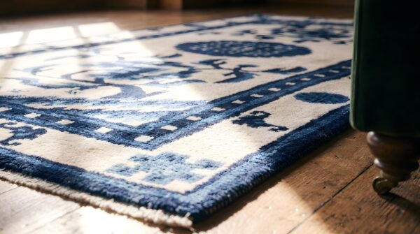 White and blue color antique chinese scatter size peking rug 6 White and blue color antique chinese scatter size peking rug (sku 22013) - in-room detail
