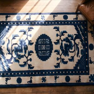 White and Blue Color Antique Chinese Scatter Size Peking Rug (SKU 22013) - styled overhead view