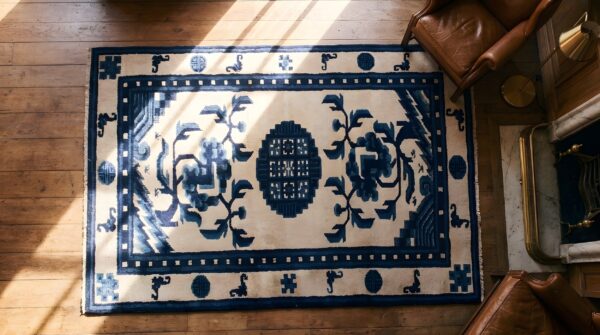 White and blue color antique chinese scatter size peking rug 2 White and blue color antique chinese scatter size peking rug (sku 22013) - styled overhead view