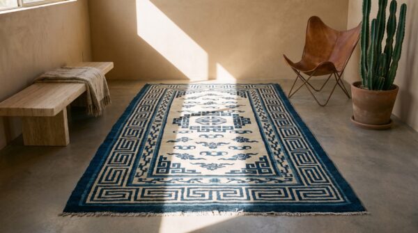 Antique white and blue color small size mongolian rug (sku 21202) - room view