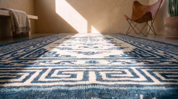 Antique white and blue color small size mongolian rug (sku 21202) - in-room detail