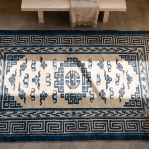 Antique White and Blue Color Small Size Mongolian Rug (SKU 21202) - styled overhead view