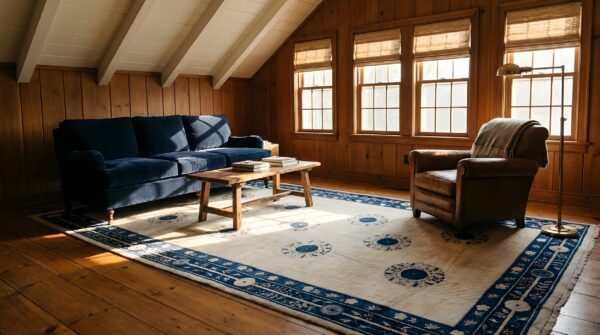 White and blue antique long and narrow oversized chinese peking rug 7 White and blue antique long and narrow oversized chinese peking rug (sku 25638) - room view