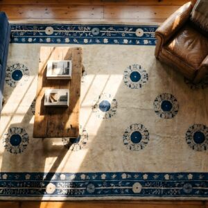 White and Blue Antique Long and Narrow Oversized Chinese Peking Rug (SKU 25638) - styled overhead view