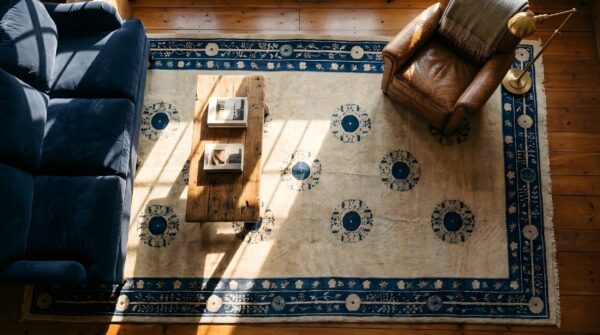 White and blue antique long and narrow oversized chinese peking rug 2 White and blue antique long and narrow oversized chinese peking rug (sku 25638) - styled overhead view
