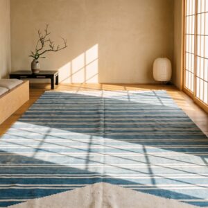 White and Blue Striped Antique Long Oversized Indian Dhurrie Flatweave Rug (SKU 21046) - room view