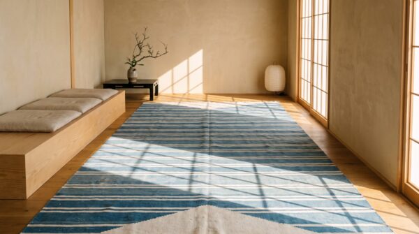 White and blue striped antique long oversized indian dhurrie flatweave rug 6 White and blue striped antique long oversized indian dhurrie flatweave rug (sku 21046) - room view