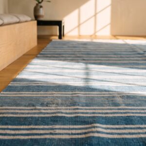 White and Blue Striped Antique Long Oversized Indian Dhurrie Flatweave Rug (SKU 21046) - in-room detail