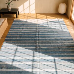 White and Blue Striped Antique Long Oversized Indian Dhurrie Flatweave Rug (SKU 21046) - styled overhead view