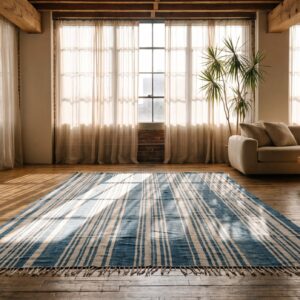 Antique White and Blue Stripped Indian Dhurrie Flatwoven Area Rug (SKU 21045) - room view