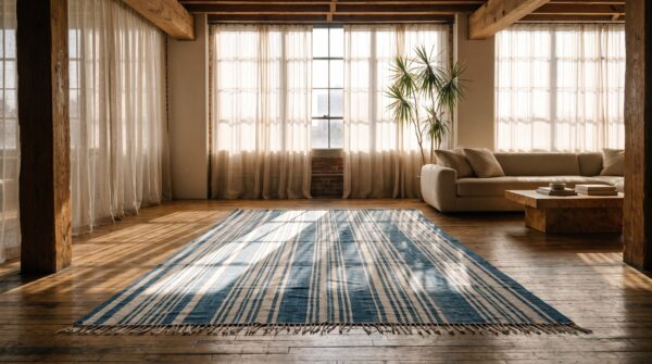 Antique white and blue stripped indian dhurrie flatwoven area rug 6 Antique white and blue stripped indian dhurrie flatwoven area rug (sku 21045) - room view