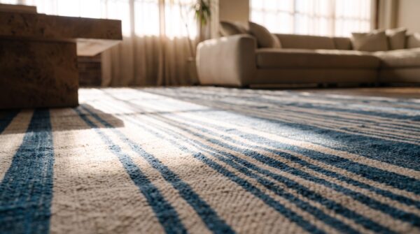 Antique white and blue stripped indian dhurrie flatwoven area rug 7 Antique white and blue stripped indian dhurrie flatwoven area rug (sku 21045) - in-room detail