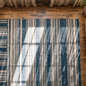 Antique White and Blue Stripped Indian Dhurrie Flatwoven Area Rug (SKU 21045) - styled overhead view