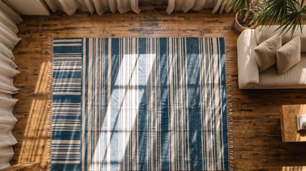 Antique white and blue stripped indian dhurrie flatwoven area rug 2 Antique white and blue stripped indian dhurrie flatwoven area rug (sku 21045) - styled overhead view