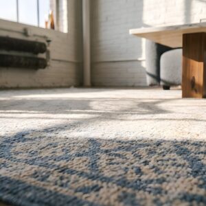 White And Blur Color Antique Indian Allover Geometric Cotton Agra Gallery Rug (SKU 22083) - in-room detail
