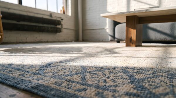 White and blur color antique indian allover geometric cotton agra gallery rug 8 White and blur color antique indian allover geometric cotton agra gallery rug (sku 22083) - in-room detail