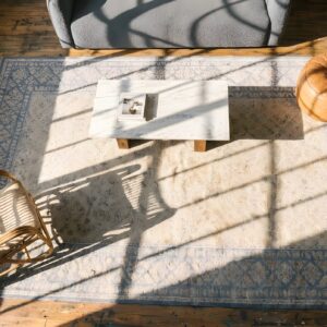 White And Blur Color Antique Indian Allover Geometric Cotton Agra Gallery Rug (SKU 22083) - styled overhead view