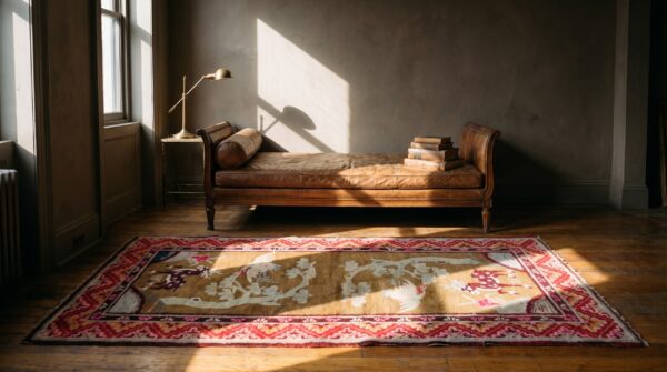 Antique white chinese crane and reindeer design baotou rug 7 Antique white chinese crane and reindeer design baotou rug (sku 22006) - room view