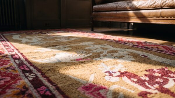 Antique white chinese crane and reindeer design baotou rug 8 Antique white chinese crane and reindeer design baotou rug (sku 22006) - in-room detail