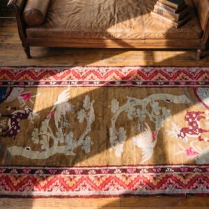 Antique White Chinese Crane and Reindeer Design Baotou Rug (SKU 22006) - styled overhead view