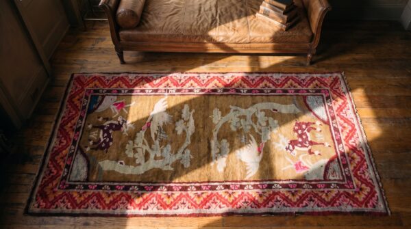 Antique white chinese crane and reindeer design baotou rug 2 Antique white chinese crane and reindeer design baotou rug (sku 22006) - styled overhead view