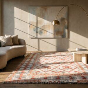 White and Rustic Red Antique Indian Diamond Pattern Cotton Agra Rug (SKU 19974) - room view