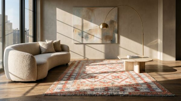White and rustic red antique indian diamond pattern cotton agra rug 6 White and rustic red antique indian diamond pattern cotton agra rug (sku 19974) - room view
