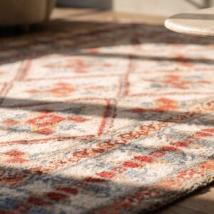 White and Rustic Red Antique Indian Diamond Pattern Cotton Agra Rug (SKU 19974) - in-room detail