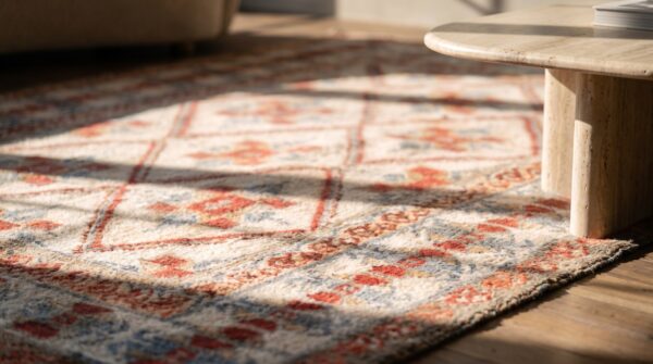 White and rustic red antique indian diamond pattern cotton agra rug 7 White and rustic red antique indian diamond pattern cotton agra rug (sku 19974) - in-room detail