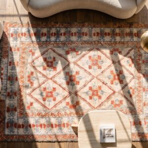 White and Rustic Red Antique Indian Diamond Pattern Cotton Agra Rug (SKU 19974) - styled overhead view