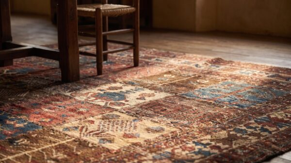 Worn antique allover hand knotted pile rug 7 Worn antique allover hand knotted pile rug (sku 18905) - in-room detail