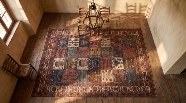 Worn antique allover hand knotted pile rug 2 Worn antique allover hand knotted pile rug (sku 18905) - styled overhead view