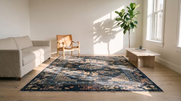 Worn distressed antique shabby chic mid 19th century chinese foo dog rug (sku 22090) - room view