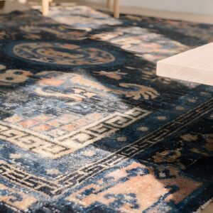 Worn Distressed Antique Shabby Chic Mid 19th Century Chinese Foo Dog Rug (SKU 22090) - in-room detail