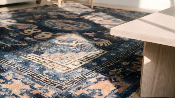 Worn distressed antique shabby chic mid 19th century chinese foo dog rug (sku 22090) - in-room detail