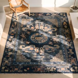 Worn Distressed Antique Shabby Chic Mid 19th Century Chinese Foo Dog Rug (SKU 22090) - styled overhead view