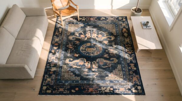 Worn distressed antique shabby chic mid 19th century chinese foo dog rug (sku 22090) - styled overhead view