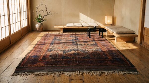 Worn distressed antique shabby chic persian baluch geometric tribal rug (sku 21565) - room view