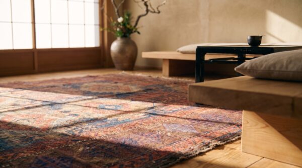 Worn distressed antique shabby chic persian baluch geometric tribal rug (sku 21565) - in-room detail