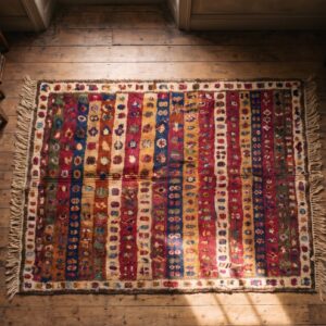 Antique Yastik Square Small Scatter Size Wool Multicolor Rug (SKU 20981) - styled overhead view
