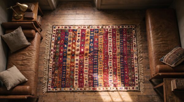 Antique yastik square small scatter size wool multicolor rug 2 Antique yastik square small scatter size wool multicolor rug (sku 20981) - styled overhead view