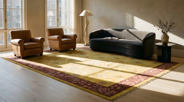 Yellow 1920s antique rectangle hand knotted pile wool rug (sku 24269) - room view
