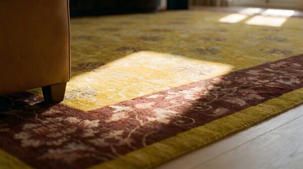 Yellow 1920s antique rectangle hand knotted pile wool rug (sku 24269) - in-room detail