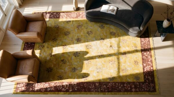 Yellow 1920s antique rectangle hand knotted pile wool rug (sku 24269) - styled overhead view