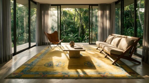 Antique wool hand knotted pile yellow 1925 chinese dragon rug 13 Antique wool hand knotted pile yellow 1925 chinese dragon rug (sku 24175) - room view