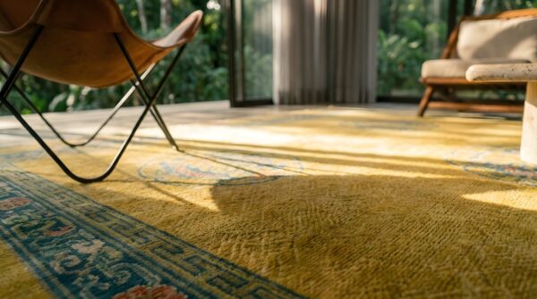 Antique wool hand knotted pile yellow 1925 chinese dragon rug 14 Antique wool hand knotted pile yellow 1925 chinese dragon rug (sku 24175) - in-room detail